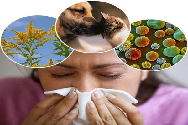 Woman sneezing with images of pollen, pet dander, and allergens above her head
