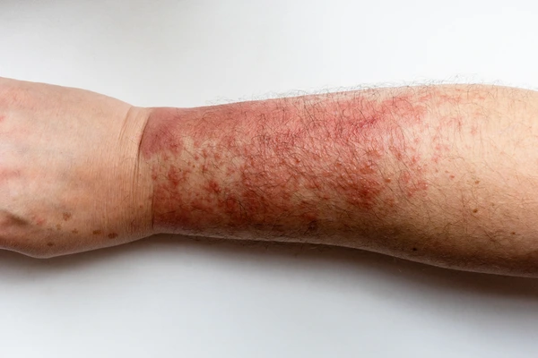 Red, inflamed rash on forearm consistent with contact dermatitis
