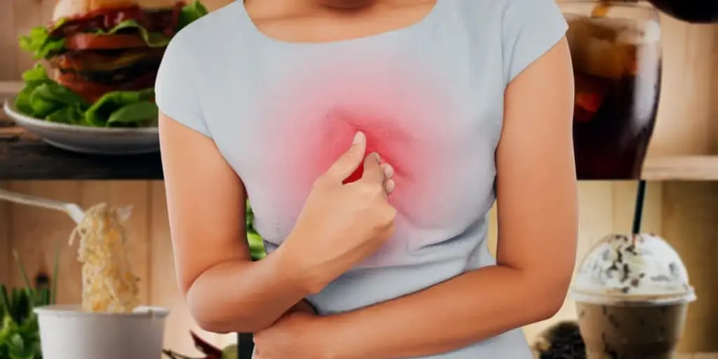 Woman holding her chest due to heartburn
