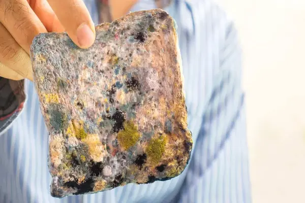 Hand holding a piece of bread covered in visible mold spots