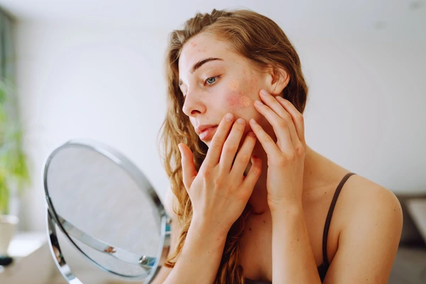 Woman checking facial redness and irritated skin in a mirror