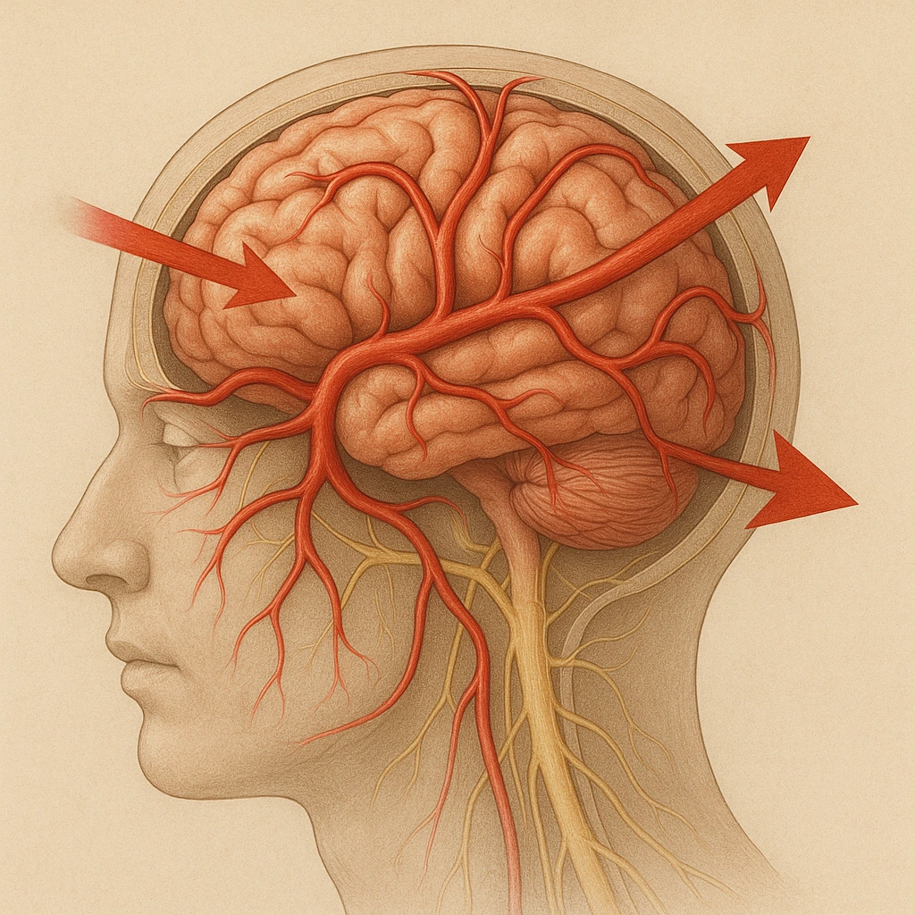 showing blood vessels in the brain expanding, with arrows indicating increased blood flow. Some subtle nerve pathways highlighted to show pressure points.