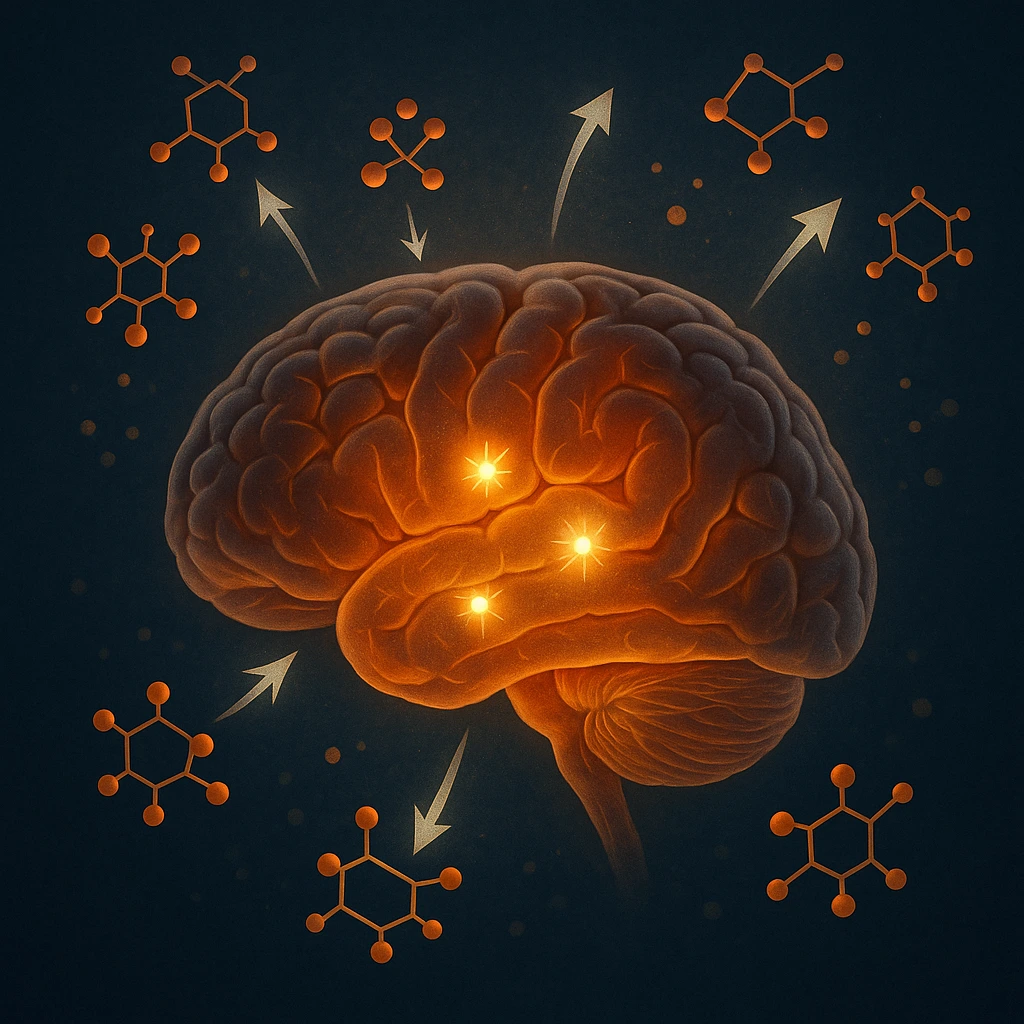 human brain glowing slightly, with highlighted areas showing active glucose usage. Small floating glucose molecules moving toward the brain