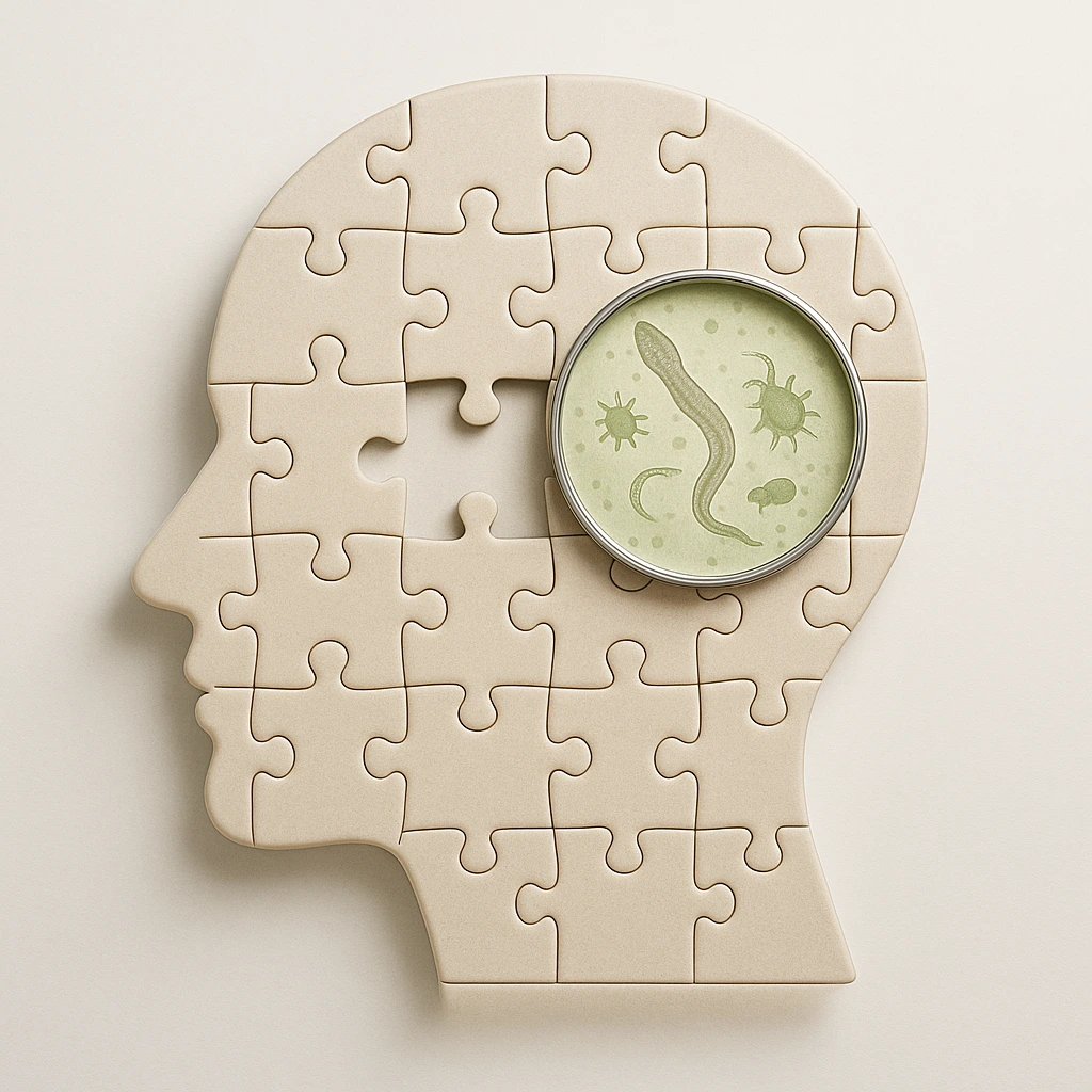 Human head silhouette made of interconnected puzzle pieces. One puzzle piece is missing, revealing a magnified scientific view of parasitic organisms such as Strongyloides stercoralis. Also a symbolic representation of how parasites may contribute to migraines. 