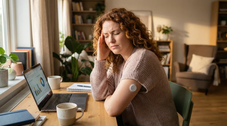 woman in her late 20s with migraine sitting by a window, sunlight streaming in, holding her head gently with one hand, looking reflective. A continuous glucose monitor (CGM) is visible on her arm.