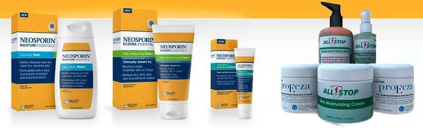 Eczema skincare products including moisturizers, creams, and body wash for symptom management
