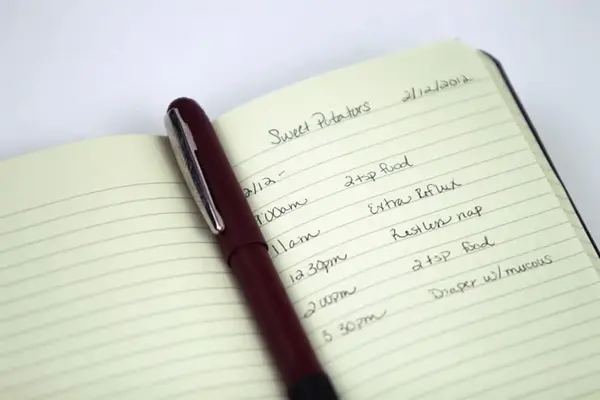 Notebook and pen used to track eczema triggers and symptoms in a diary