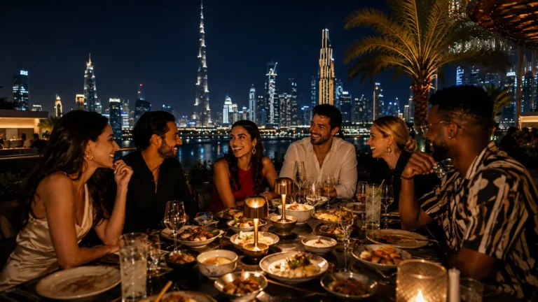 Friends at a late-night Dubai dinner - a common acid reflux trigger